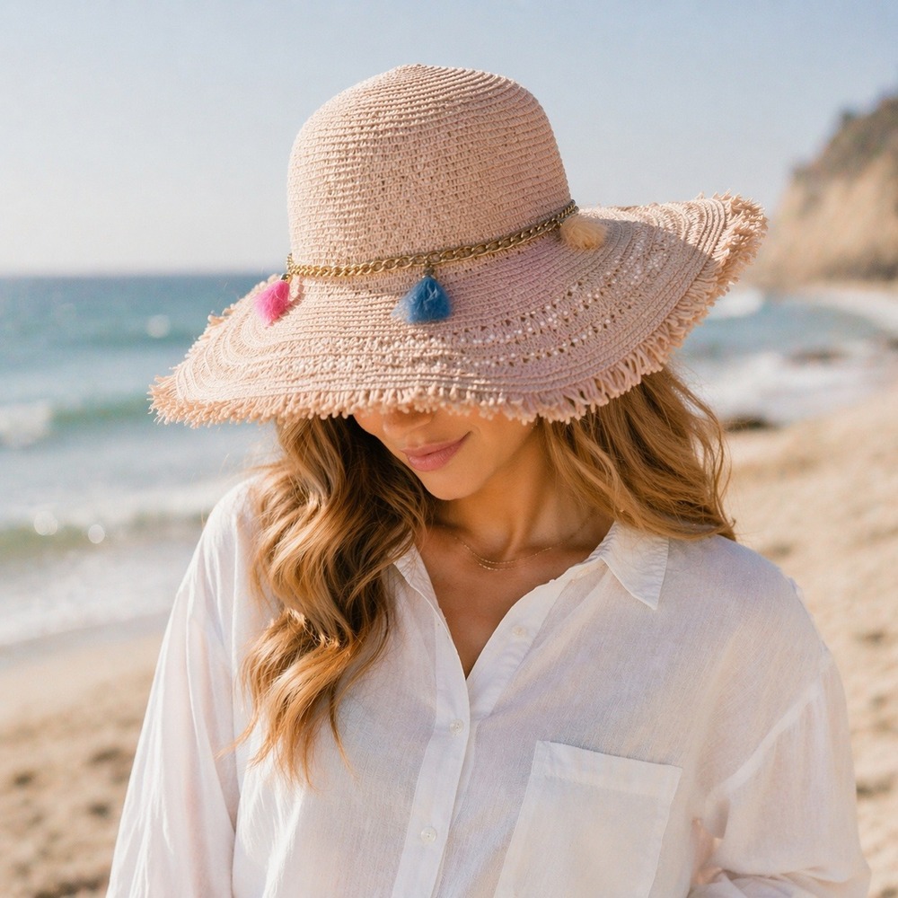 Kurt Beines Straw Sun Hat Wide Brim Pink Gold Chain Tassel Beach Boho